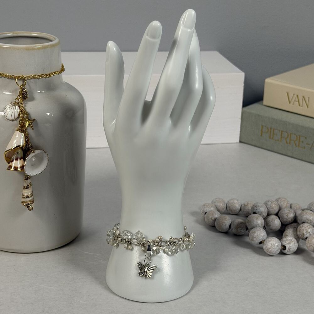 Pretty VTG 1980s Silver-Tone Crystal & Stardust Beaded Butterfly Charm Bracelet